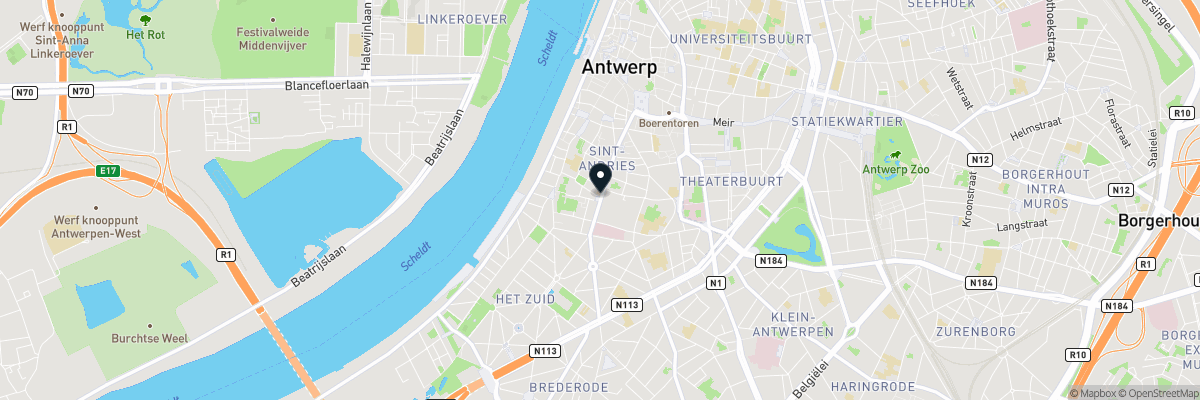 Map showing the location of Kaffeenini on Nationalestraat 114a in Antwerpen